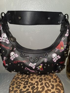 Ed Hardy Black Studded Hobo with Pink & Red Tattoo Print